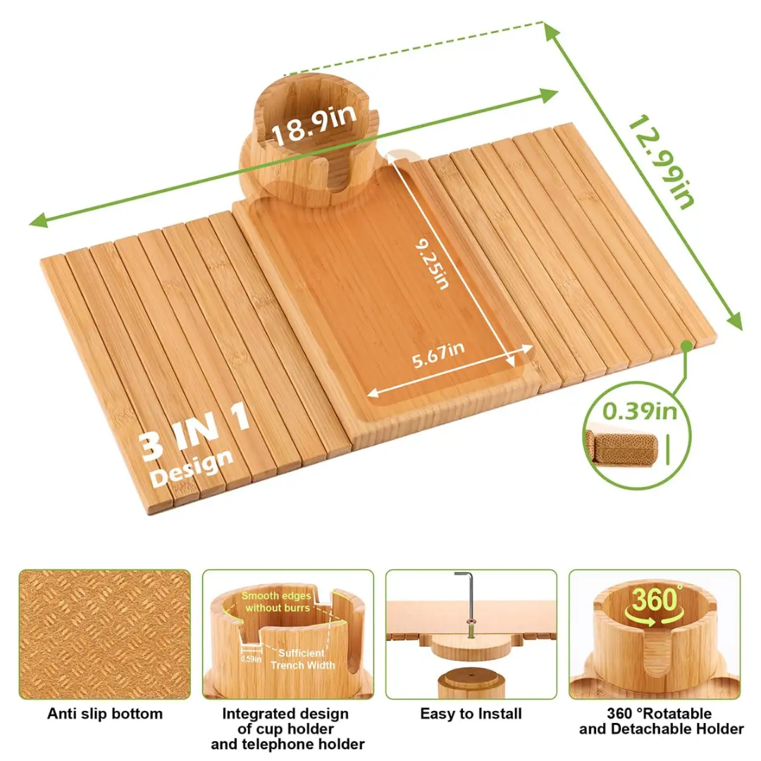 Bandeja 3 en 1 de Bambú para Sofá – Porta Tazas, Celular y Snacks | Diseño Flexible y Antideslizante