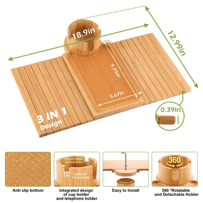 Bandeja 3 en 1 de Bambú para Sofá – Porta Tazas, Celular y Snacks | Diseño Flexible y Antideslizante